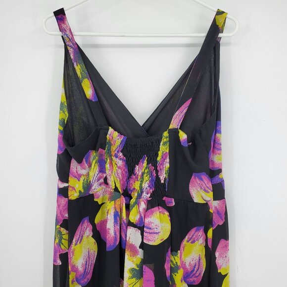 Ashley Stewart Black and Floral Print Surplice Neck Long Midi Smocked Dress 14 - Picture 7 of 7